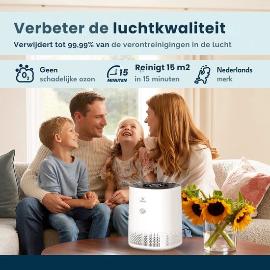 Vibrix PureFlow15 Luchtreiniger / Air Purifier – HEPA H13 + koolstoffilter – 100 m³/u – Voor kamers tot 15 m² – Ionisator – App-bediening – Zeer stil met slaapstand – Luchtkwaliteitindicator