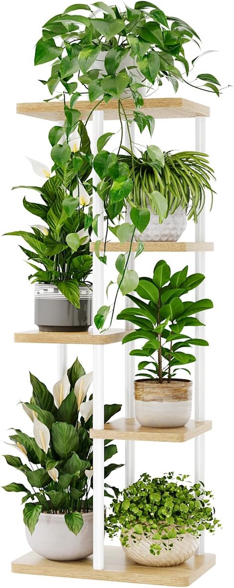 Famanu - Plantenstandaard voor binnen, 5 lagen, metalen plantenplanken, witte plantenhouder, groot plantenrek voor meerdere planten in potten, ge