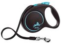 Zwarte Flexi rolriem met blauwe accenten. Ergonomisch handvat en 5m band voor max 25kg.