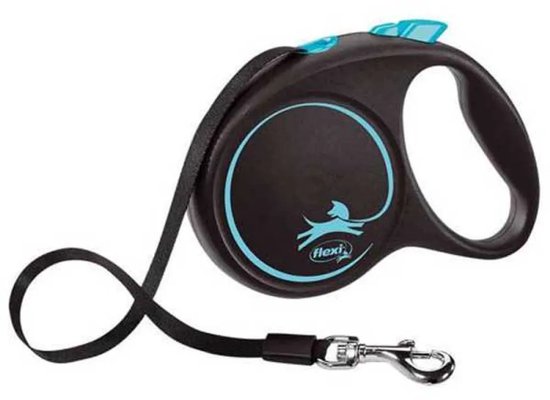 Zwarte Flexi rolriem met blauwe accenten. Ergonomisch handvat en 5m band voor max 25kg.