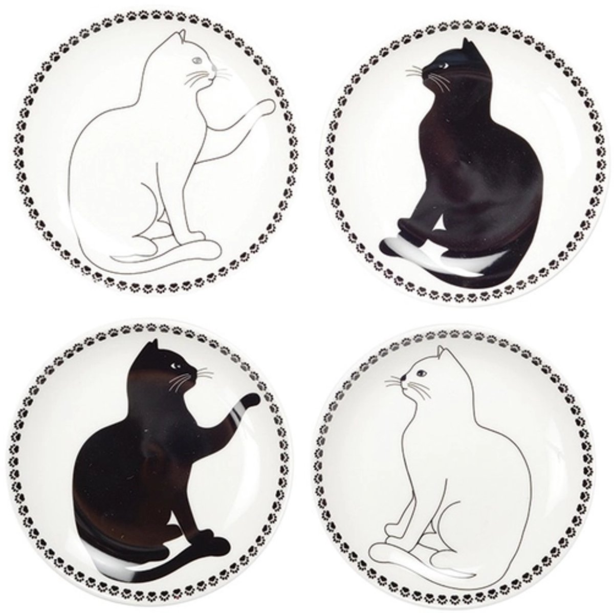 Set van 4 Porseleinen Dessertbordjes – Katten Design – Zwart/Wit – Schotel / Taartbordjes – Cadeautip voor Kattliefhebbers