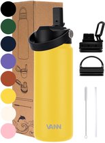VANN® 3-Wandige RVS Drinkfles 500 ML met rietje voor volwassenen – Met 5 accessoires – Thermosfles – 12 uur warm/24 uur koud – Mango – Cadeau voor man en vrouw – VANN ULTIMATE BOTTLE®