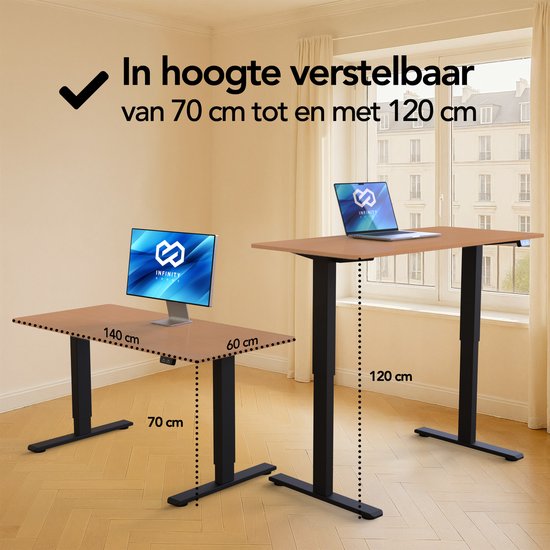 Infinity Goods Bureau assis-debout – Hauteur réglable électriquement – ​​140 x 60 cm – Marron
