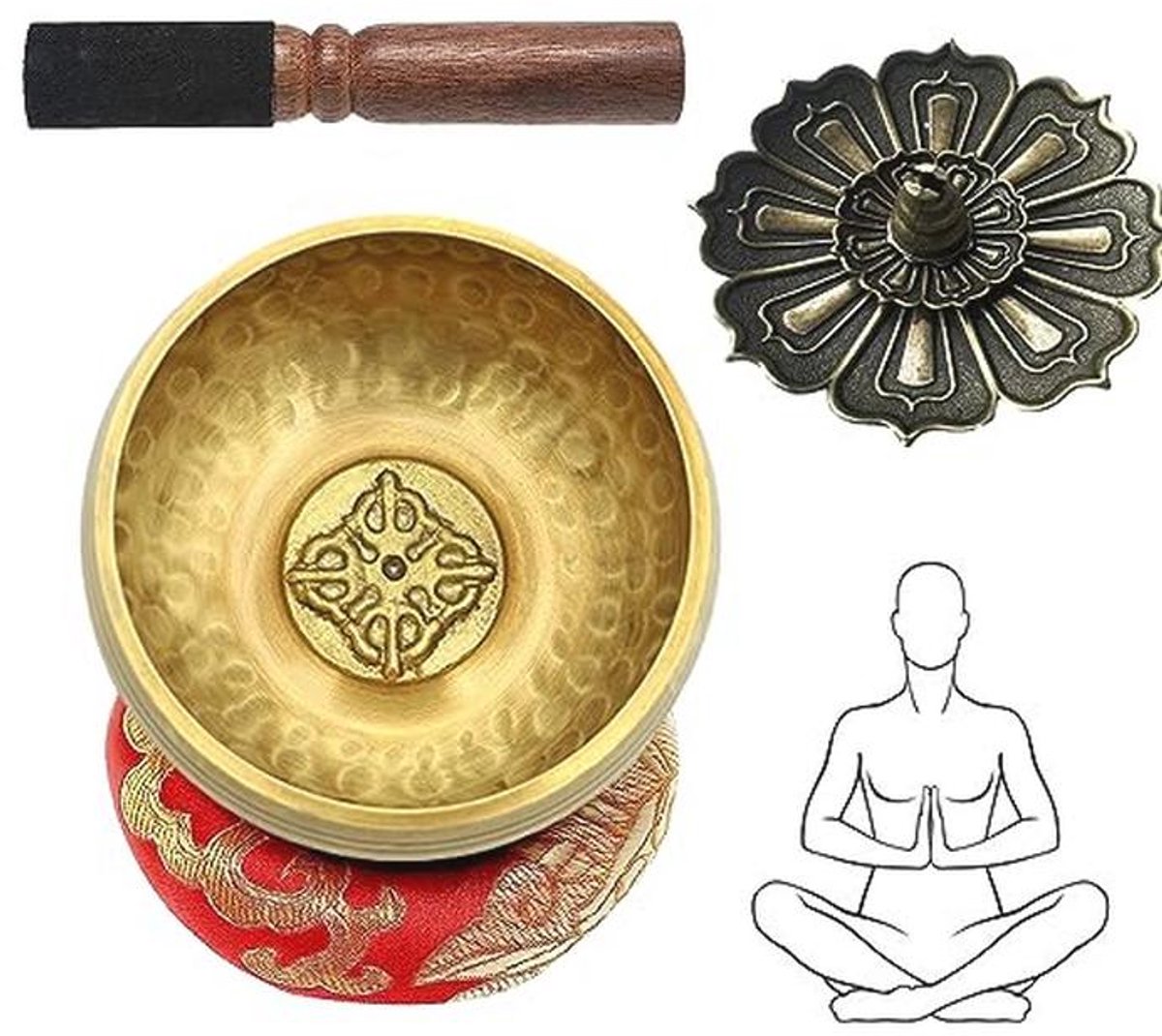 Klankschalenset voor meditatie en ontspanning - Ø 8 cm klankschaal klein met klepel, kussen en wierookvat