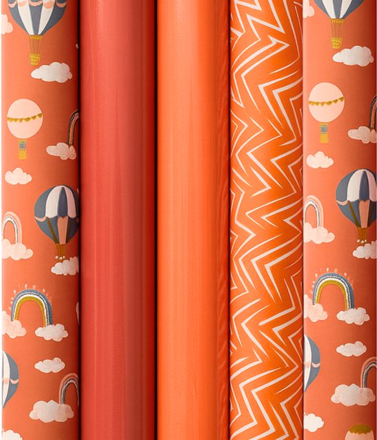 Papier cadeau – Rêves Orange – (5 PIÈCES) – 200×70 cm – Ballons, Arcs-en-ciel, Oranje Uni , Zigzag et Carreaux – Papier cadeau – Fête d'enfants – Gai et Moderne