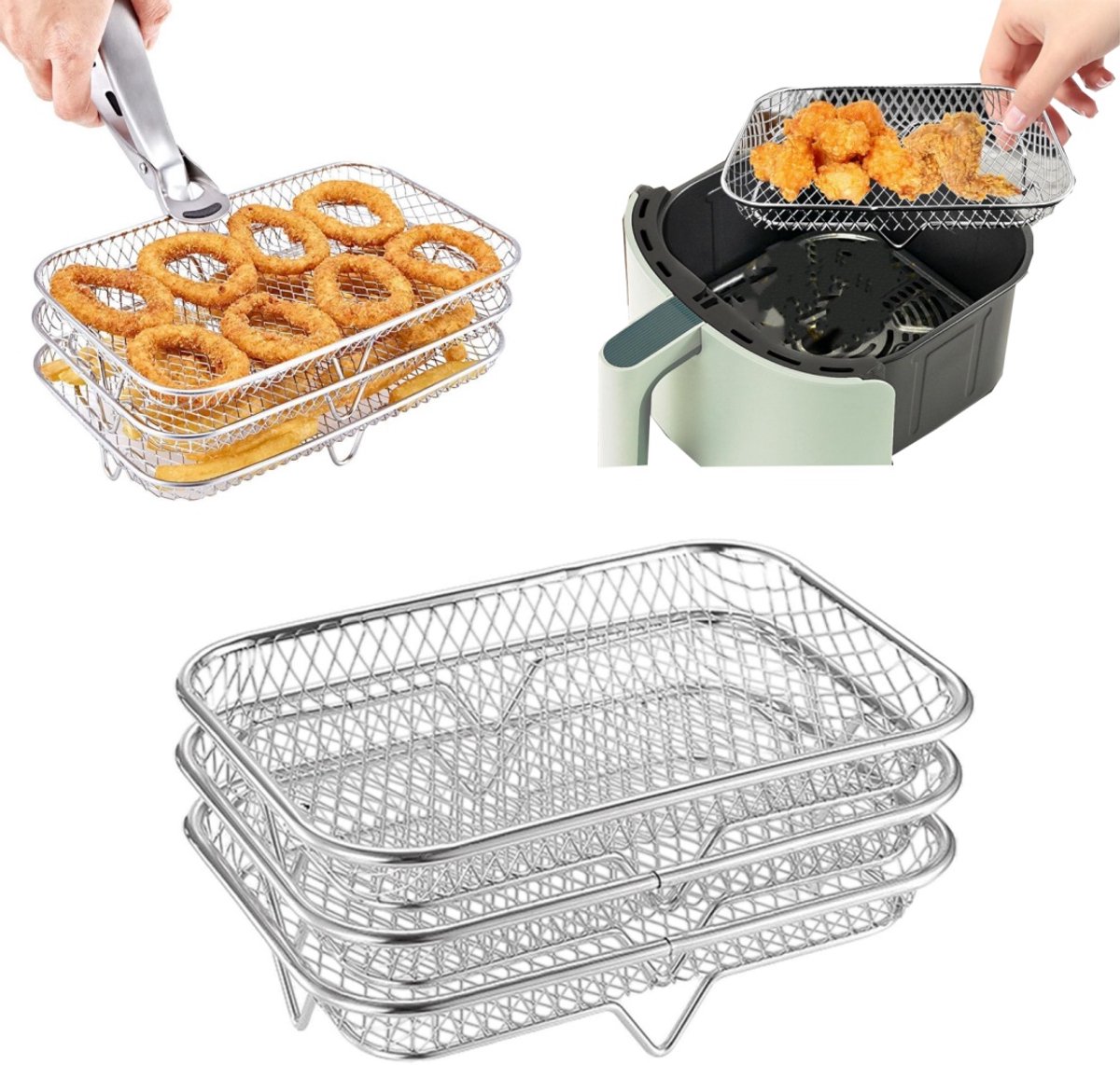 3 laags frituurpan - BBQ rek - Steak Koelrek - Stapelbaar droogrek - Ovenrooster - Geschikt voor ovens en airfryers voor het drogen, grillen en frituren van voedsel (19*13,5 cm - Zilver)
