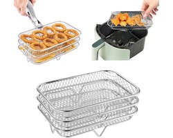 3 laags frituurpan - BBQ rek - Steak Koelrek - Stapelbaar droogrek - Ovenrooster - Geschikt voor ovens en airfryers voor het drogen, grillen en frituren van voedsel (19*13,5 cm - Zilver)