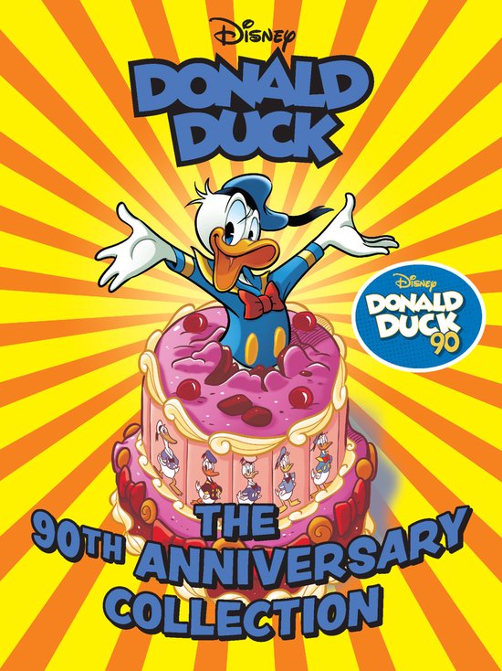 Donald Duck op een taart met kersen en de tekst 'Donald Duck 90th Anniversary Collection'.