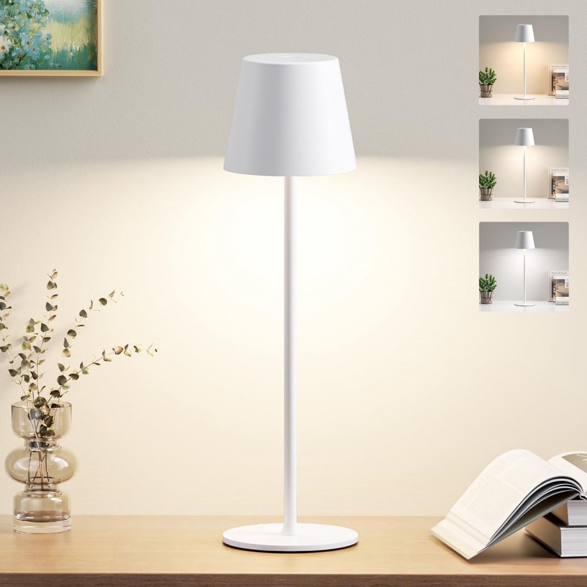 GELLDG Draadloze LED-bureaulamp - Met oplaadbare batterij - Touchbediening - 3 kleurtemperaturen - Traploos dimmen - USB-C oplaadbare touchlamp - Geschikt voor buiten, nachtkastjes, eettafels, kamperen - Wit