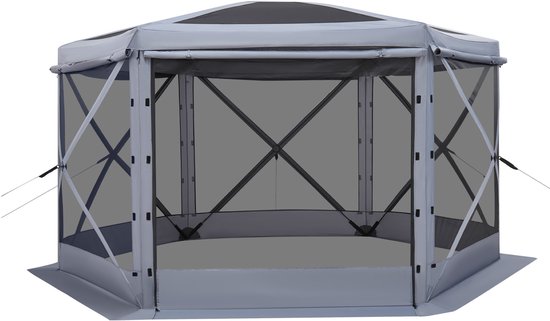 Pop-Up Gazebo Schermtent, 3.6 x 3.6 m 6-Zijdige Kampeer Canopy Met Verwijderbare Dak & Draagzak, Snelle Opbouw & Insectbestendig, Gedeckte Zonnescherm voor 8-10 Personen, Tuin Of Terras, Grijs van Merkloos — afbeelding 2