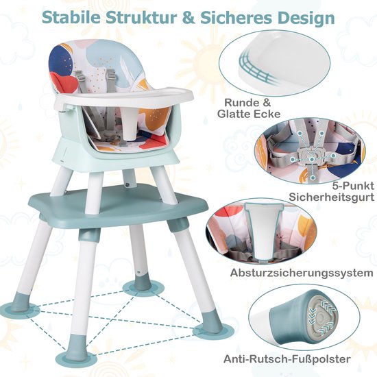 COSTWAY 6-in-1 babystoel, kinderstoel, eetstoel, leertafel, bouwsteentafel, kinderzitgroep, kinderstoel met veiligheidsgordel en afneembaar dienblad, babystoel, combi-kinderstoel (veelkleurig) van Merkloos — afbeelding 3