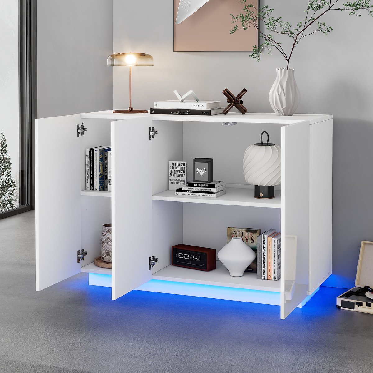 Wishdor Dressoir Met Hoogglans Deuren - Led-Verlichting Met Afstandsbediening En Bluetooth - Spaanplaat - Wit - 120 x 40 x 75 cm