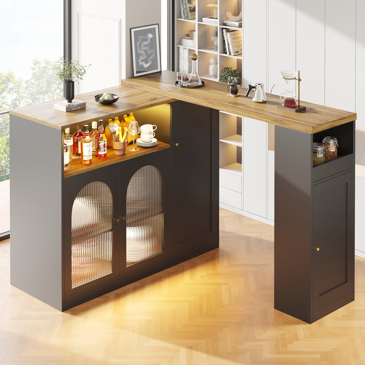 Wishdor Bartafel met opbergkast - 360 graden draaibaar - Met ledverlichting en glasdeur - Voor eetkamer - Houtlook en bewerkt hout - Zwart - 197 cm Black
