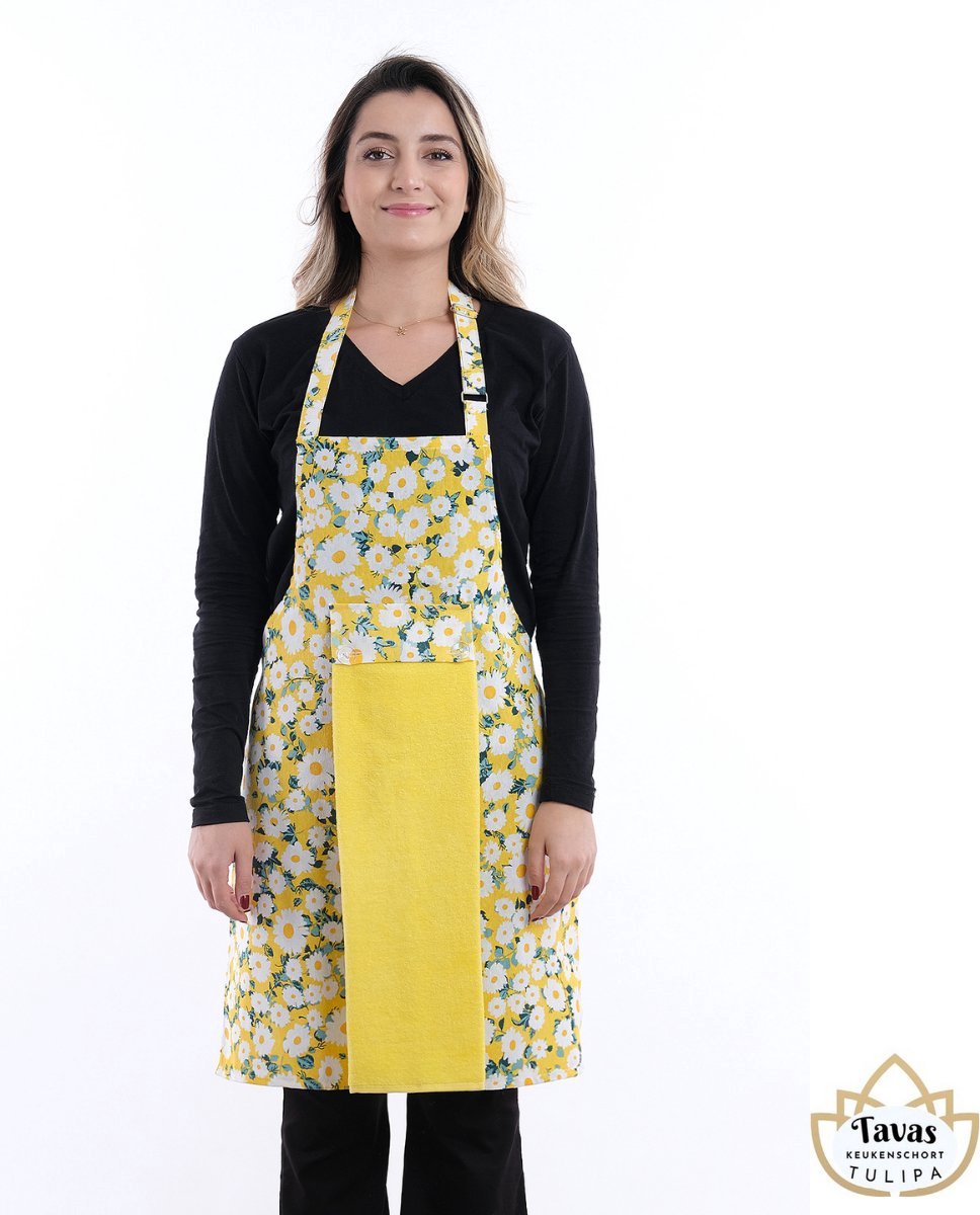 Tulipa Master Keukenschort met Handdoek Gele Madeliefjes Professioneel Verstelbaar Kookschort 55 x 75cm | Handdoek - 30 x 50 BBQ Schort Horecakwaliteit Schorten voor vrouwen One Size Fits All
