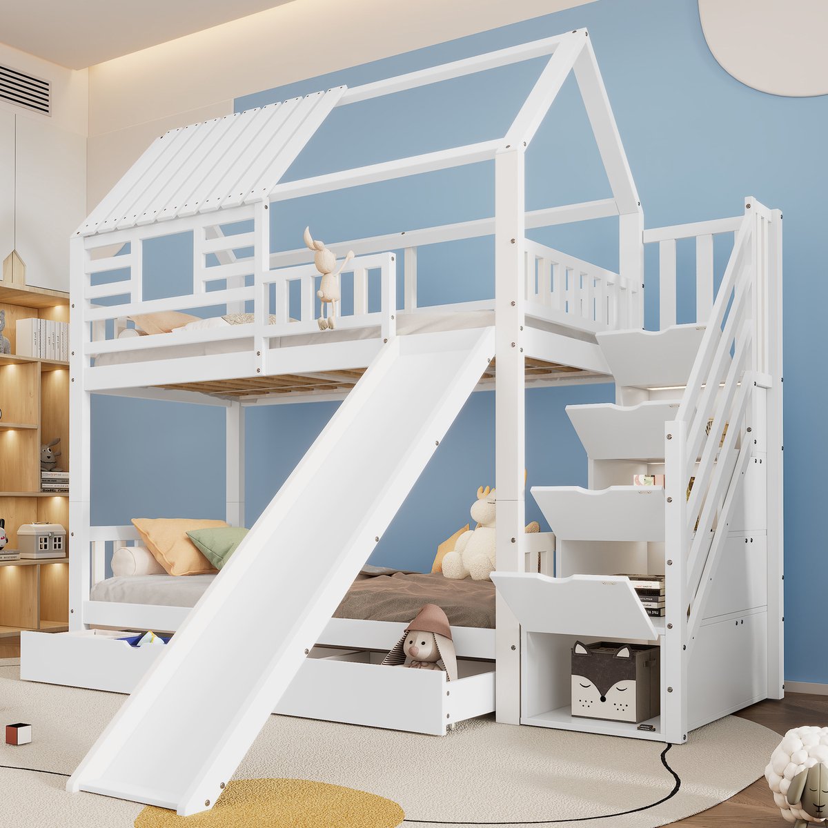 Merax Stapelbed 90x200 cm - huisbed - met glijbaan - trap met opbergruimte - kinderbed met raam en dak - met lades - wit - zonder matras