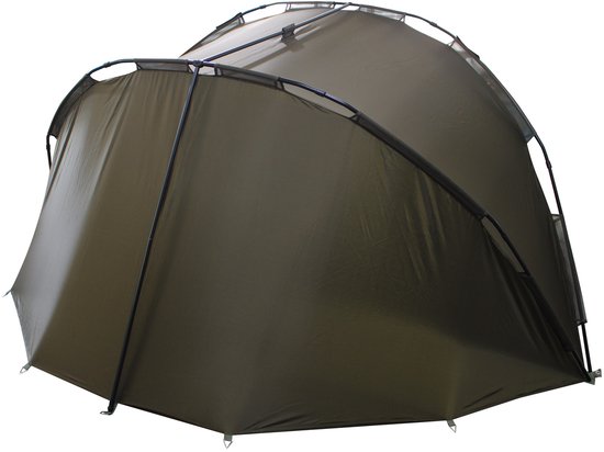 Bruine tent met gebogen frame, van opzij gezien.
