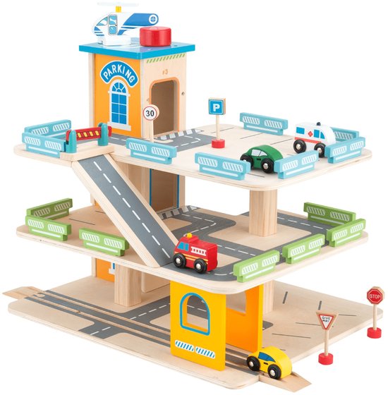 Woodtoys Houten speelgarage blauw