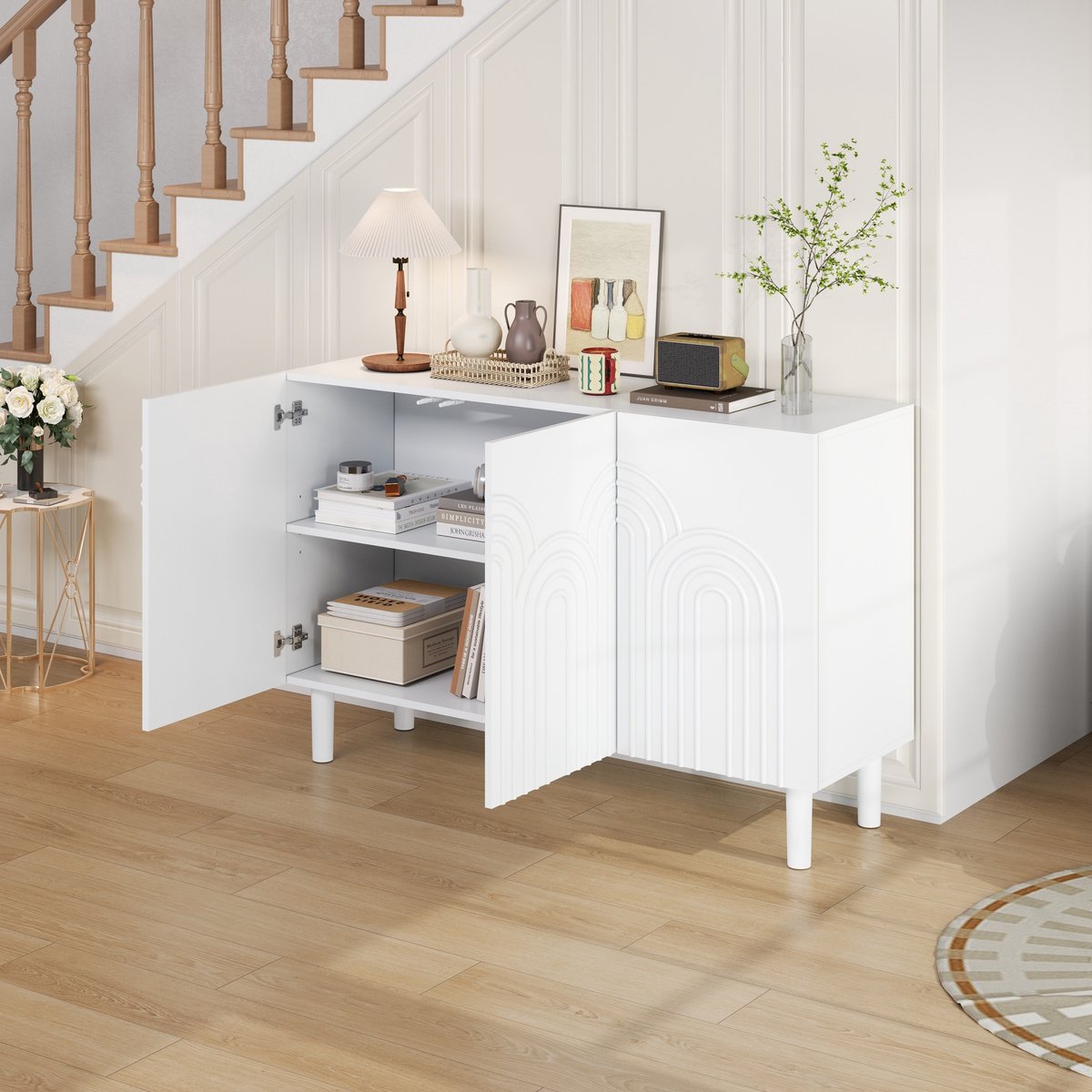 REDOM Dressoir 120x38,5x79 cm wit MDF — 3 deuren, verstelbare schappen, 16 cm poten, 80 kg draagvermogen