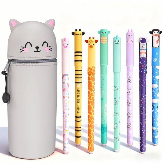 Namajunas - Uitwisbare pennen 8 kleuren - Gelpennen met siliconen etui - Katten Pennenzak - 0,6 mm Cartoon Patroon Dierenpen voor Schoolspullen van Kinderen of Kantoorbenodigdheden voor Volwassenen - Cadeauset - Niet geschikt voor legami vulling