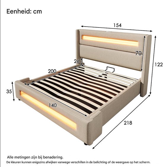 Gestoffeerd Tweepersoonsbed 140x200cm Zonder Hoofdbord - Met 2 Lades Linnen Stof Grijs