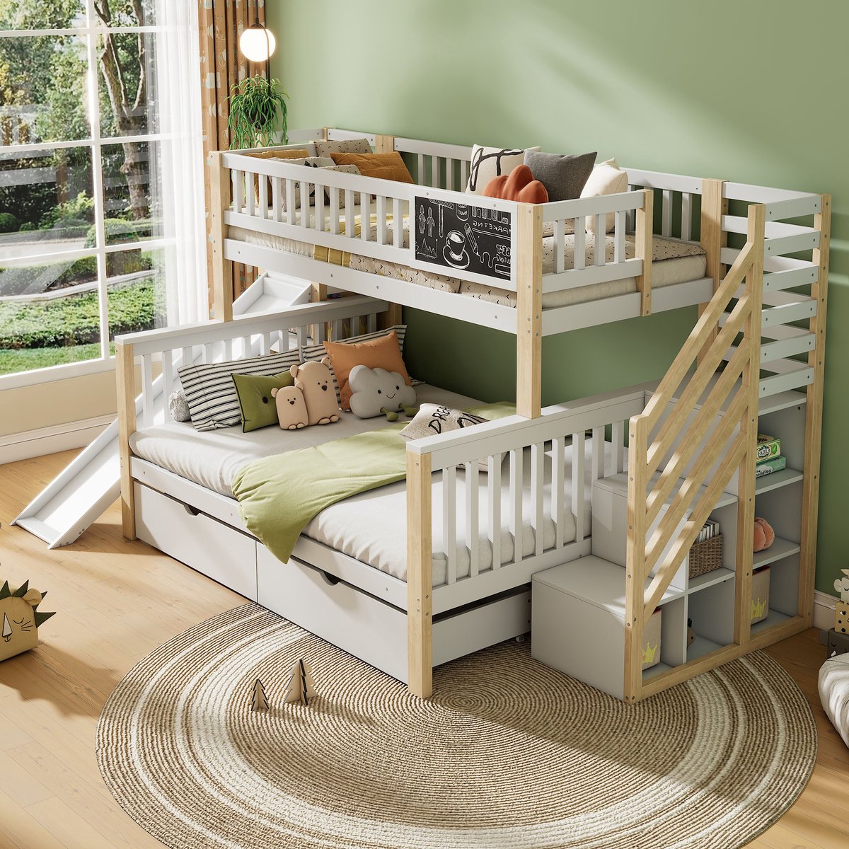 Wishdor Kinderstapelbed 90x200 & 140x200 cm - Glijbaan & Krijtbord - Opbergtrap & Kastjes - Wit/Naturel Hout - Compleet Avontuur Wit+Natuurlijk