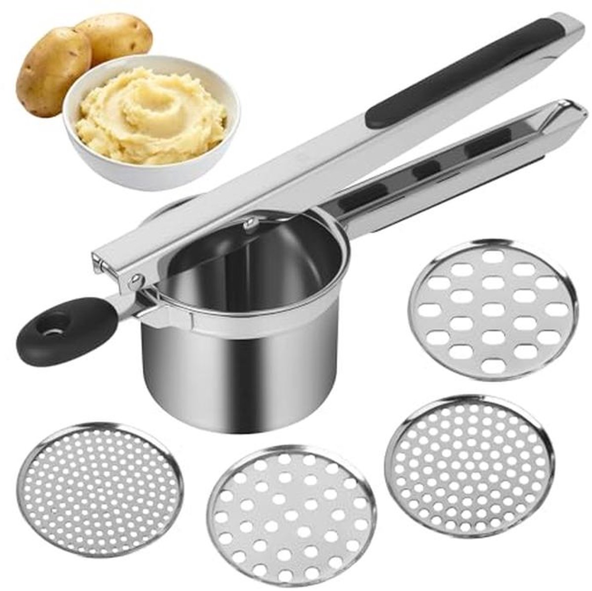 Aardappelpers met verwisselbare zeefjes voor puree en sap