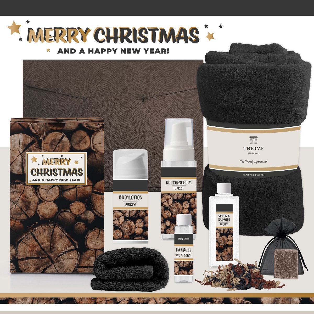 Geschenkset "Merry Christmas And A Happy New Year" - 7 Producten - 1400 gram - Triomf Cosmetica | Giftset voor Hem Luxe cadeaubox Kerst Wellness Cadeaupakket Prettige Kerstdagen Cadeau Man Gift Collega Werknemer Kerstpakket Kerstcadeau Geschenk Goud