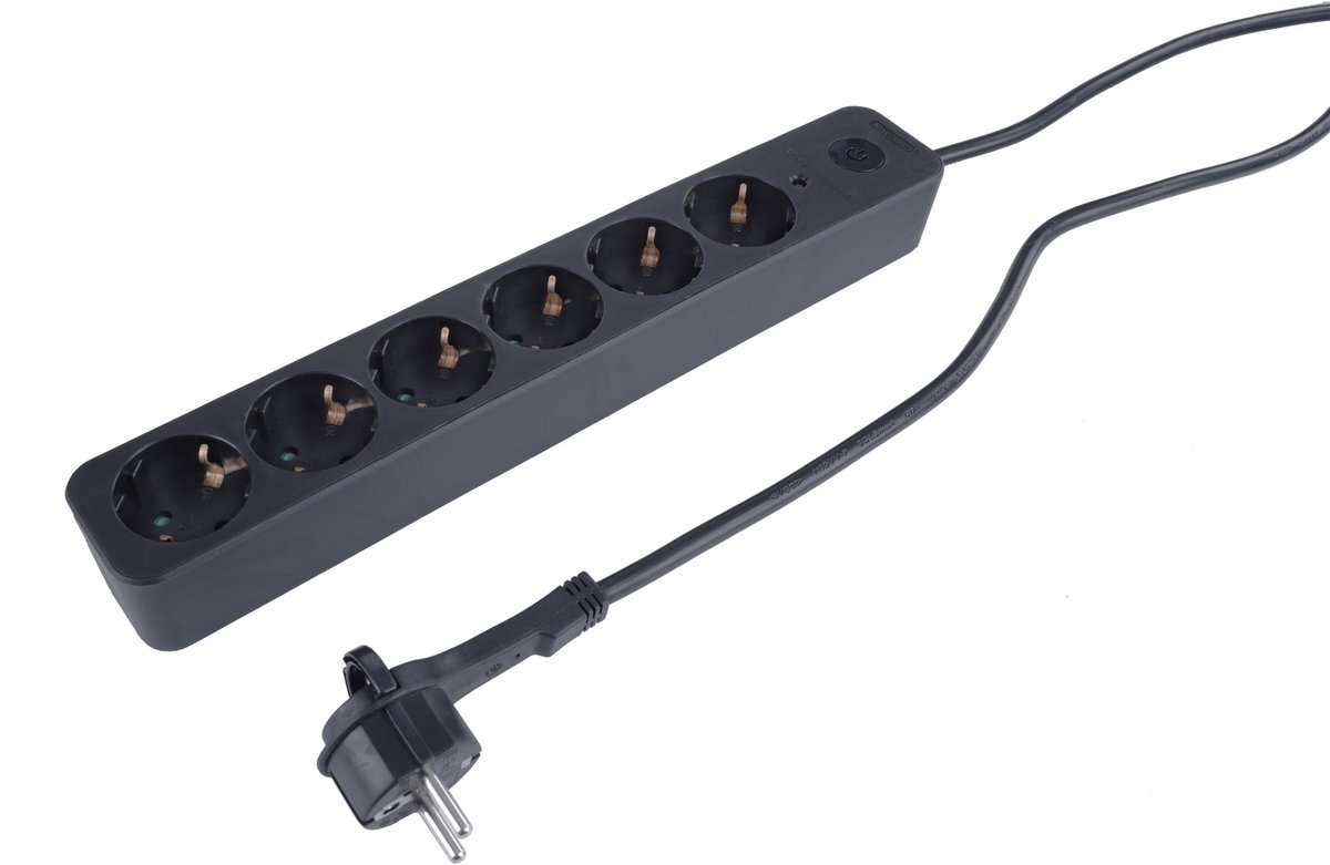 Q-Link stekkerdoos - 6-voudig - randaarde - met overspanningsbeveiliging - plat - met schakelaar - 3 x 1.5 mmâ² - 1.5 m - zwart