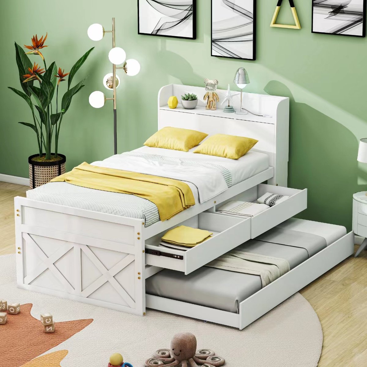 MODFU Massief Houten Eenpersoonsbed 90x190 cm – Met uitschuifbed, 2 laden & nachtkastje met USB – Wit