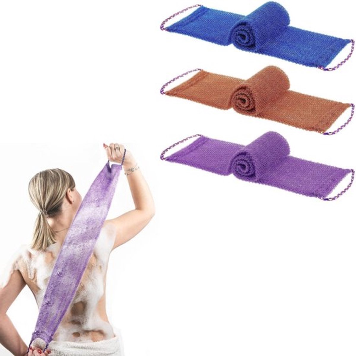 Oneay 3 stuks - Badhanddoek - Lange Afrikaanse exfoli rende gaashanddoek - Gaasbadspons - Lichaamsrugscrubber - Verwijdert vuil - Flexibel - Paars, blauw, koffie - 14x75 cm - Geschikt om mee te baden