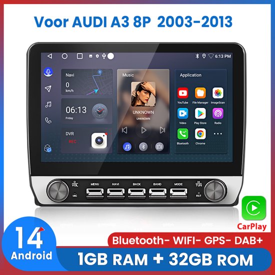 Awesafe 10.1 Inch Autoradio - Draadloos Apple CarPlay Android Auto - Geschikt Voor Audi A3 8P 2003 t/m 2013 - 1GB+32GB - Autoradio met navigatie GPS - Radio Scherm - Bluetooth & WiFi - 2003 2004 2005 2006 2007 2008 2009 2010 2011 2012 2013