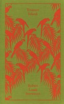 Groene kaft met patroon van oranje papegaaien en palmbladeren. "Treasure Island" door Robert Louis Stevenson.