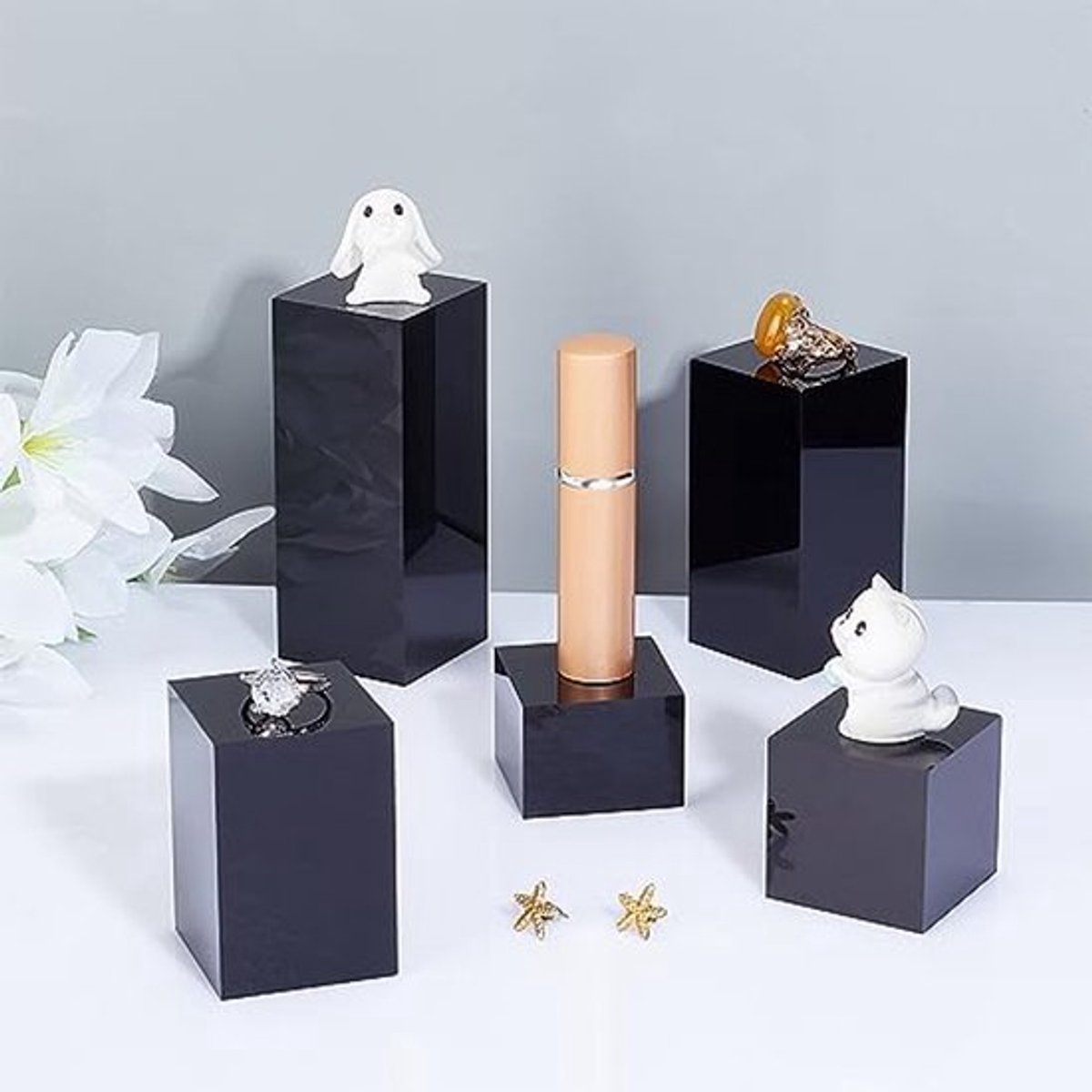Acryl Display Blokken 5Pcs Zwart 3/4/6/8/10Cm, Massief Meerzijdig Voetstuk voor Sieraden en Verzamelaars