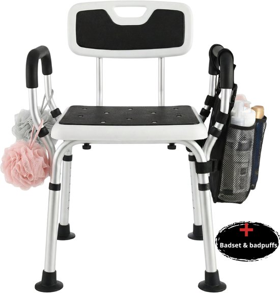 BY JRM® Douchestoel en Douchekruk met afneembare rugleuning en armleuning – 30 dagen uitproberen -anti slip – verstelbare hoogte - douchekrukje - Zwart