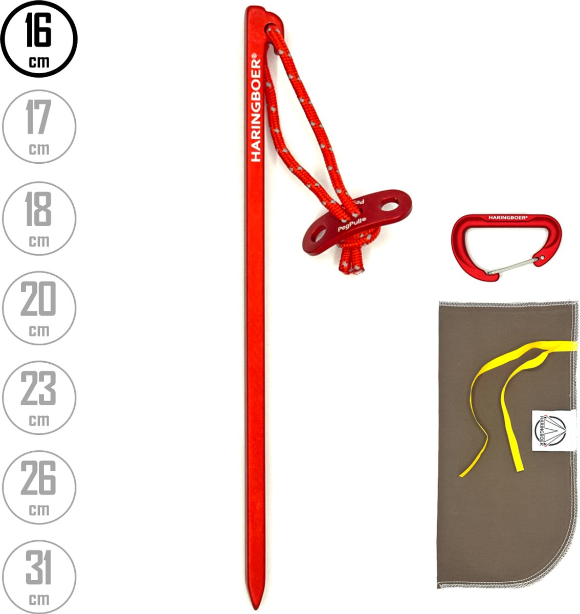 Tentharingen Aluminium 16 cm - 12x Rotspennen voor Tent met PegPull® - Incl Haringzak & Carabiner - Haringboer®