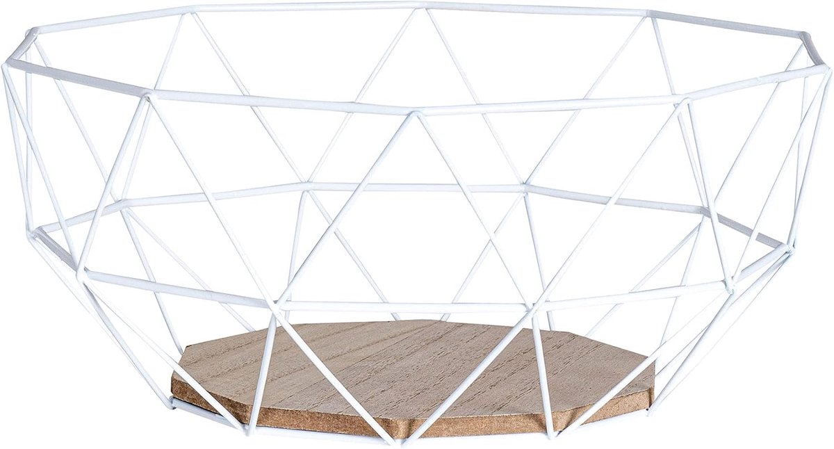 Famanu - Witte metalen fruitmand 26x12 cm, modern ontwerp met houten basis