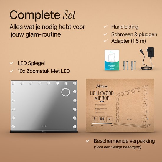 Mirlux Hollywood Spiegel 80x60CM - 2 Bluetooth Speakers - USB & USB-C Oplaadpoorten - LED Verlichting - Make Up Spiegels - 10x Zoom - Zwart