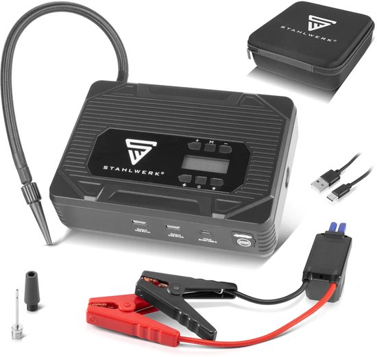 STAHLWERK PB-1400 ST | Powerbank jump starter 400 A, 14.000 mAh | Voor benzine- en dieselmotoren | Mobiele compressor met 3,5 bar werkdruk en LED-lampje | USB-lader en jump starter in één