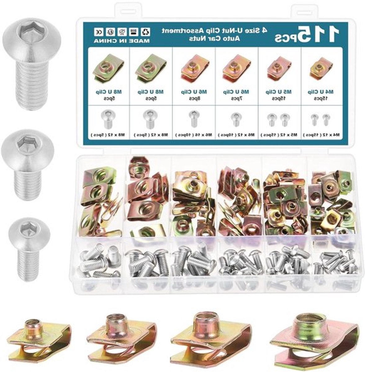 115 stuks schroefdraad cip moeren M4 M5 M6 M8 U-type bevestigingsclips carrosserieschroeven klikmoeren spatbordclip voor auto - set van 115