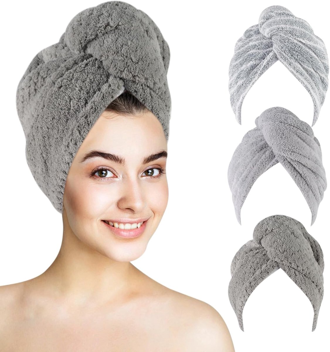 Famanu - Set van 3 microvezel haarhanddoeken 65 × 25 cm, dik en super absorberend, anti-kroes met knoopsluiting – Wafelmotief