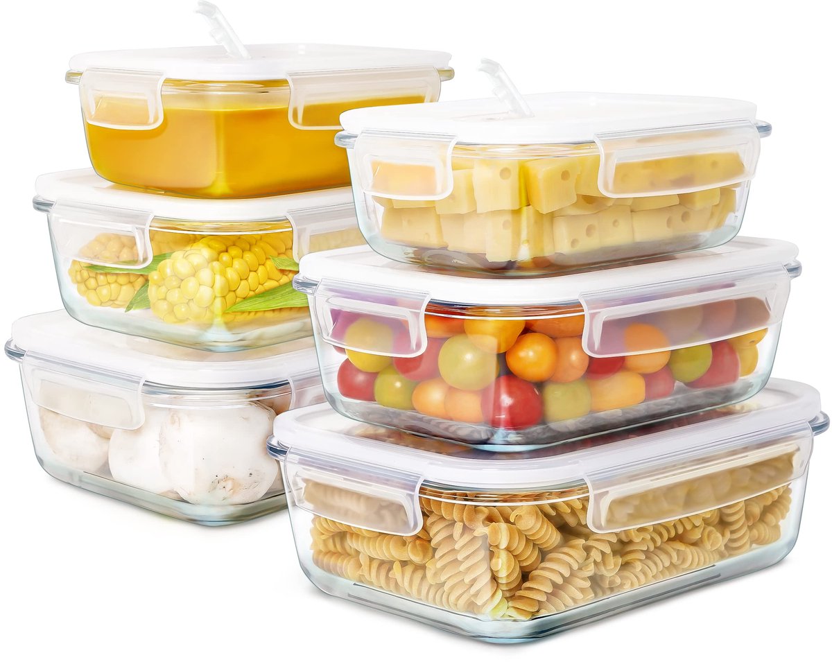 Unyqoos® Set van 6 glazen voedselcontainers met luchtdichte deksels en stoomventiel
