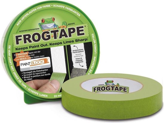 Groene FrogTape schilderstape rol met groene dispenser, met rode kikker logo.