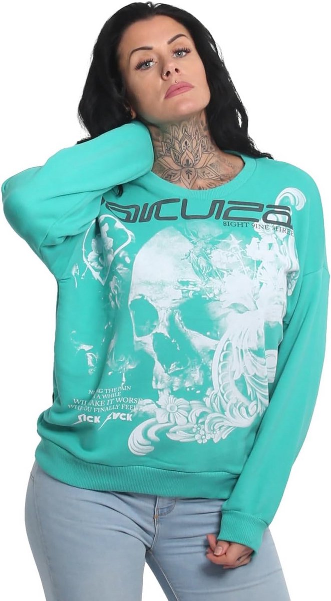 Dames Sweatshirt met Ornamental Skulls Print - Lichte Oversized Pasvorm - Geribbelde Zoom en Manchetten - Urban Casual Trui voor Dagelijks Draagplezier
