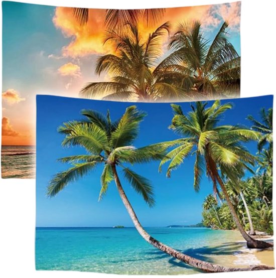 Ulticool - Tapisserie - Plage Nature Mer Île Palmier Coucher de Soleil - Set de 2 Motifs - 73 cm x 95 cm - Peinture Tissu Tapisserie - Poster Art - Oranje Vert Blauw