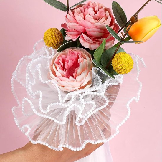 Dimeho Bloemeninpakpapier – 3,65 M Wit Net Met Parelrand, Voor Boeketten En Cadeaus