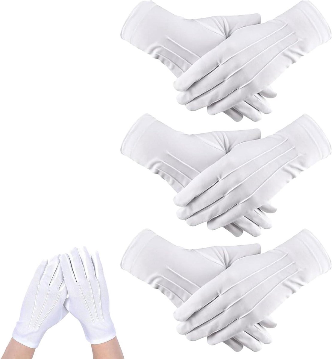 Ronte - Set van 3 witte handschoenen met drukknopen voor dames en heren - Nylon - Geschikt voor avondgarderobe - Lengte 23cm - Breedte 9cm