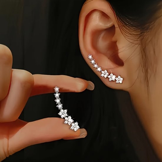 Sjika - Boucles d'oreilles Ear Climbers en argent – Oor Crawler avec zircone – Boucles d'oreilles argent pour femmes – Minimaliste & Élégant – Set de 2 - Cadeau pour elle