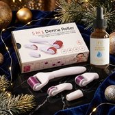 Dermaroller Microneedling - 5 in 1 SET Gezichtsroller + Hyaluronzuur Serum 30 ml - Oogroller - Bodyroller - Dermastamp - Collageenbooster - Verbetert de Huid Conditie - Stimuleert Haargroei - Inclusief Reinigingsbakje