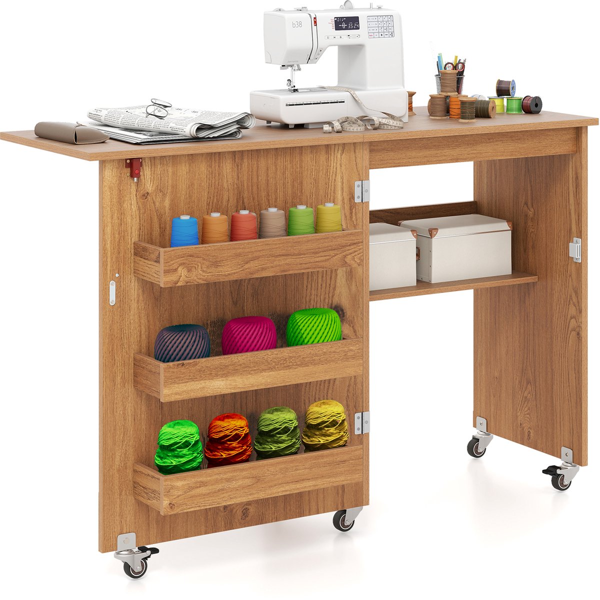 Costway 2-in-1 naaitafel inklapbaar, naaimachinekast van hout met planken en opbergvak, naaikast met afsluitbare wielen, naaimachinetafel, knutseltafel voor woonkamer, slaapkamer (natuur)