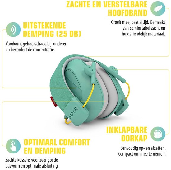 Muntgroene Alpine Muffy kinder koptelefoon met gehoorbescherming en zachte kussens.